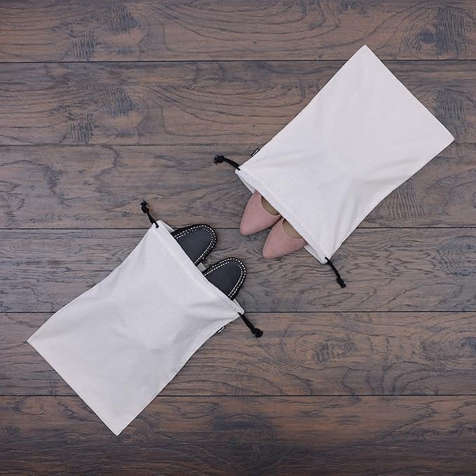 ZENPAC Travel Shoe Bag, Beige Duster Flannel Pouch Drawstring Closure, Washable Breathable Cotton Fabric for Cowboy Boot Storage, Luggage, 12x17, 2 Pack