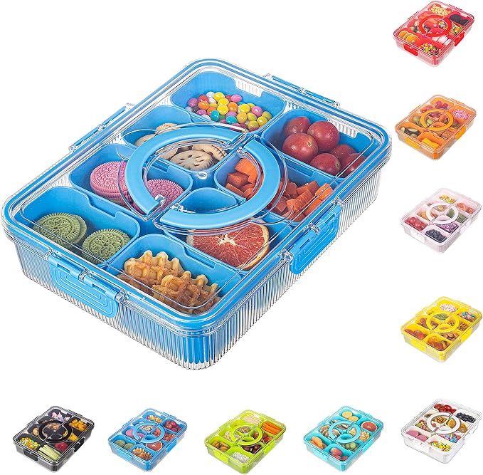 Patent Design Ribbed Snackle Box Container Divided Serving Tray with Lid and Handle -Charcuterie Container Portable Storage Organizer for Candy, Fruit, Beach, Picnics（1 pcs, Cerulean）