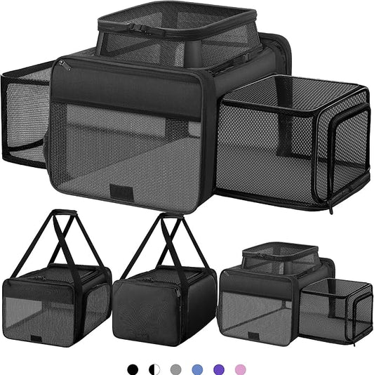 Top and 2 Sides Expandable Pet Carrier 17x11x9.5, TSA Airline Approved Small Dog Carriers for Small Dogs, Soft-Sided Cat Carrier with Self-Locking Zippers for Kitten,Rabbit, Puppy, Guinea Pig Black