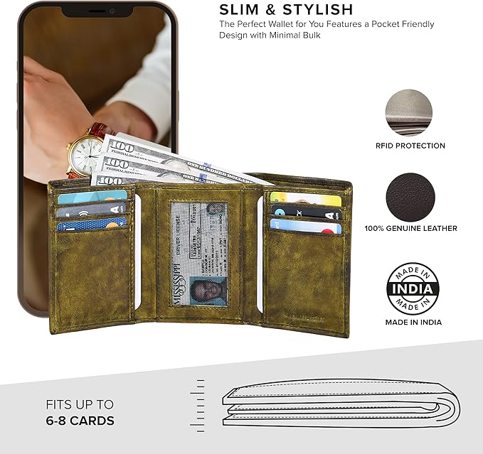 Tri fold Leather Wallet for Men with RFID | Slim Wallets for Men with 1 ID and 6 Credit card slots | Front Pocket Minimalist