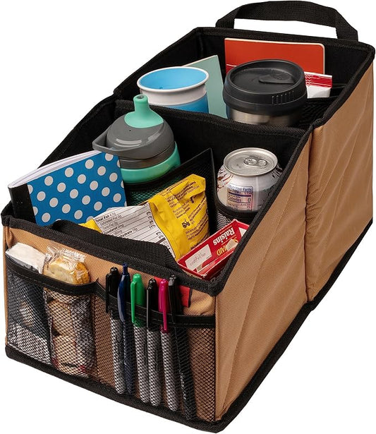 Lusso Gear Car Seat Organizer with Cup Holders for Front, Back, Passenger Seats, Truck and Van, 9 Auto Storage Compartments for Travel Organization of Trunk, Seats, Mobile Office (Tan)