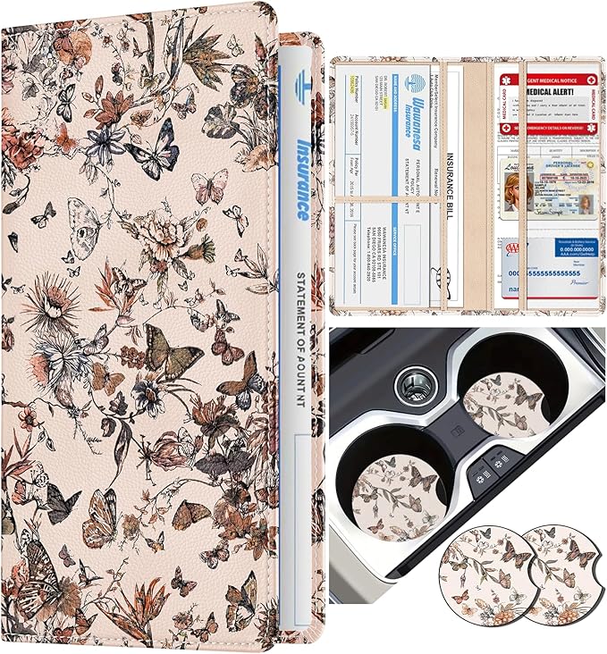 Slohif Car Registration and Insurance Holder - Vintage Vehicle Glove Box Organizer Women with Magnetic Shut Leather Automobile License Holders Coasters Auto Accessories Case for Document