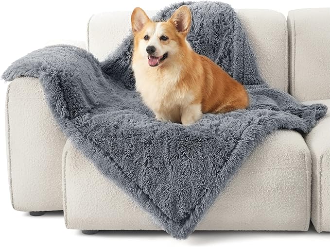 Bedsure Waterproof Dog Blankets for Medium Dogs Washable - Cat Blanket for Couch Protector Long Faux Fur, Calming Soft Reversible Throw Furniture Protection for Puppy Pet, 30"x40", Grey