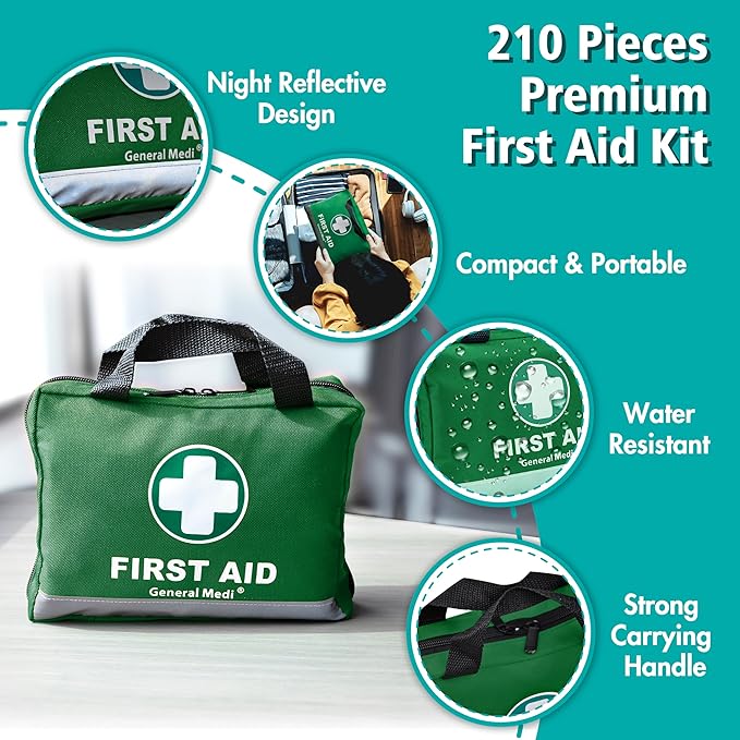 General Medi 210 Piece First Aid Kit- Emergency Kit - Reflective Design - Includes Ice(Cold) Pack, Moleskin Pad and Emergency Blanket for Travel, Home, Office, Car, Workplace & Outdoor
