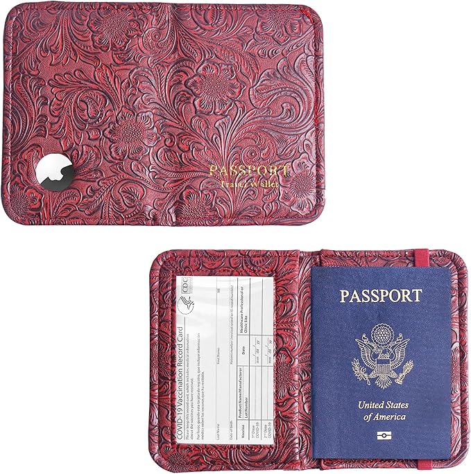 lizimandu Passport Holder with Airtag Slot, Airtag Passport Wallet for Men Women, Slim Leather Passport Holder Case Family for Travel Anti-Lost(1-Carved Red)