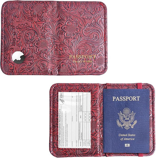 lizimandu Passport Holder with Airtag Slot, Airtag Passport Wallet for Men Women, Slim Leather Passport Holder Case Family for Travel Anti-Lost(1-Carved Red)