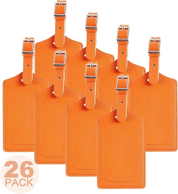 Travelambo 26 Pack Luggage Tags Faux Leather for Suitcases Travel Bag Labels with Protection Cover ID (Orange)