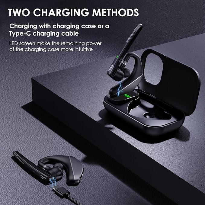 Bluetooth Headset V5.3, 96H Talktime, Wireless Earpiece with 1000mAh Charging Case, Bluetooth Headphones with Dual-Mic for Computer Cell Phones Trucker Home Office Work (Gray)