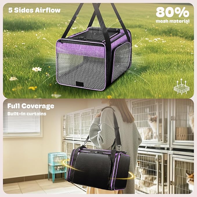 Top and 2 Sides Expandable Cat Carrier 17x11x11, TSA Airline Approved Dog Carriers for Medium Dogs, Soft-Sided Pet Carrier with Self-Locking Zippers for Kitten,Rabbit, Puppy, Guinea Pig Purple
