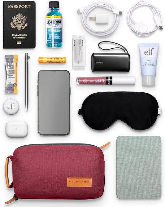 Tech Bag Organizer - Small Electronics Organizer Pouch for Travel - Premium Travel Case with Leather Accents - Mesh Pocket for Cables, Cords and Chargers (Red)