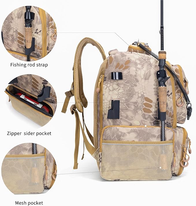 Rabjen Fishing Tackle Backpack, 45L Storage Waterproof Travel Bag Store Fishing Gear with Insulated Top Pocket