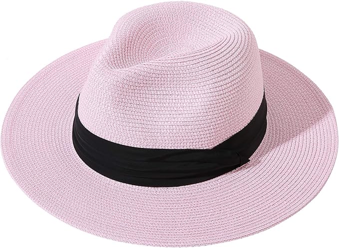 Lanzom Women Wide Brim Straw Panama Roll up Hat Fedora Beach Sun Hat UPF50+