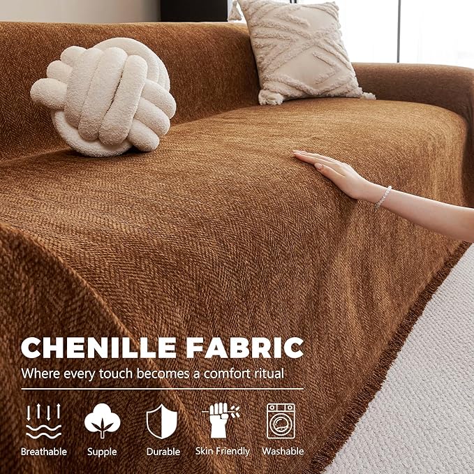 Chenille Couch Cover for Dogs - Sofa Covers for 2 Cushion Sofa Pet Friendly, Scratch Resistant & Non-Slip Furniture Cover Fits Love Seat, Beige, 71"x118", Brown