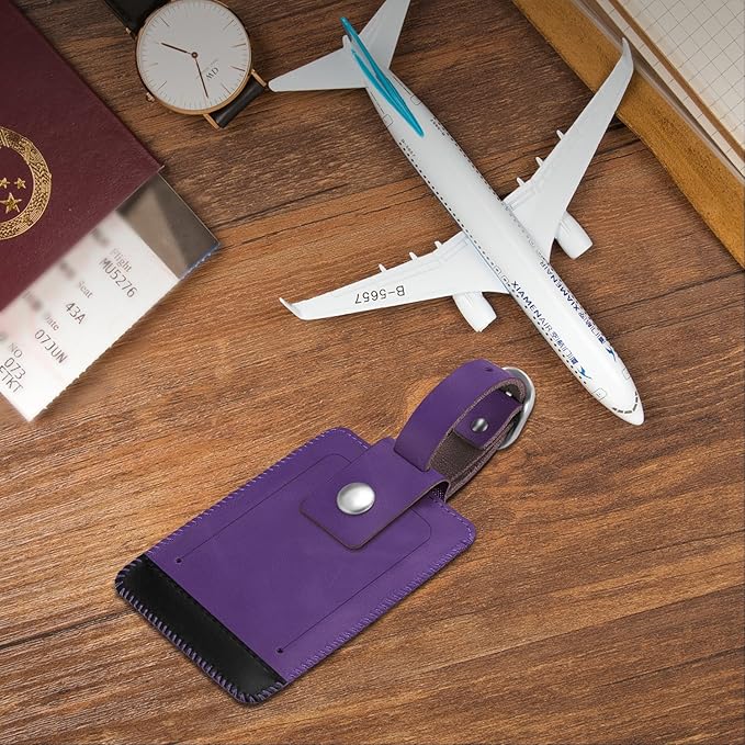 FINTIE 2 Pack Luggage Tags, Leather Name ID Labels with Privacy Cover for Travel Bag Suitcase, Theme - Genuine Leather-Purple