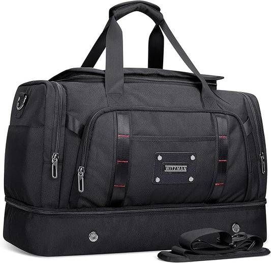 WITZMAN Travel Duffle Bag for Men 55L Large Carry-on Overnight Weekend Bags with Shoe Compartment Duffel Bag for Airplane(B720 Black)