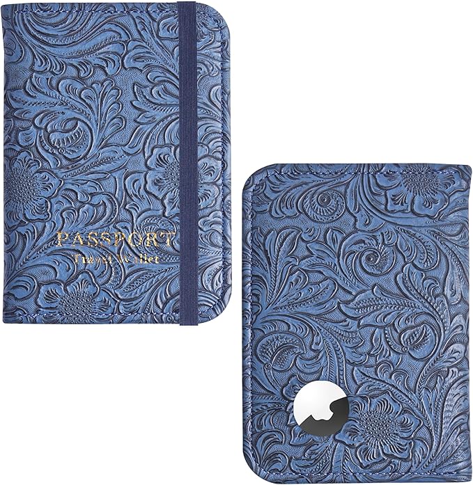 lizimandu Passport Holder with Airtag Slot, Airtag Passport Wallet for Men Women, Slim Leather Passport Holder Case Family for Travel Anti-Lost(1-Carved Blue)