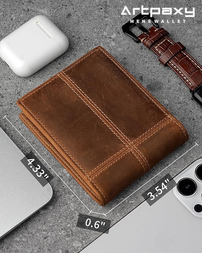 Artpaxy Mens Wallet Bifold Genuine Leather RFID Blocking Wallet for Men with 2 ID Windows 12 Card Holders 2 cash pockets 1 Gift Box