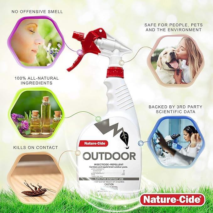 Nature-Cide Outdoor. Insecticide and Repellent. All Natural Pest Repellent, Roach, Spider, Mosquito and Ant Spray to Keep Your Home Safe. No Strong Odor. 32 oz