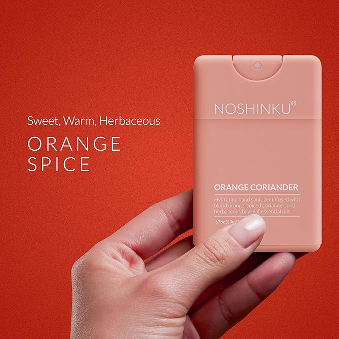 Noshinku - Refillable Hand Sanitizer Orange Coriander 3-Pack, Travel Size Spray, Hydrating Botanical Oils, Natural Ingredients, All Natural Fragrances, Sugarcane Derived Alcohol, No Parabens, No Dyes