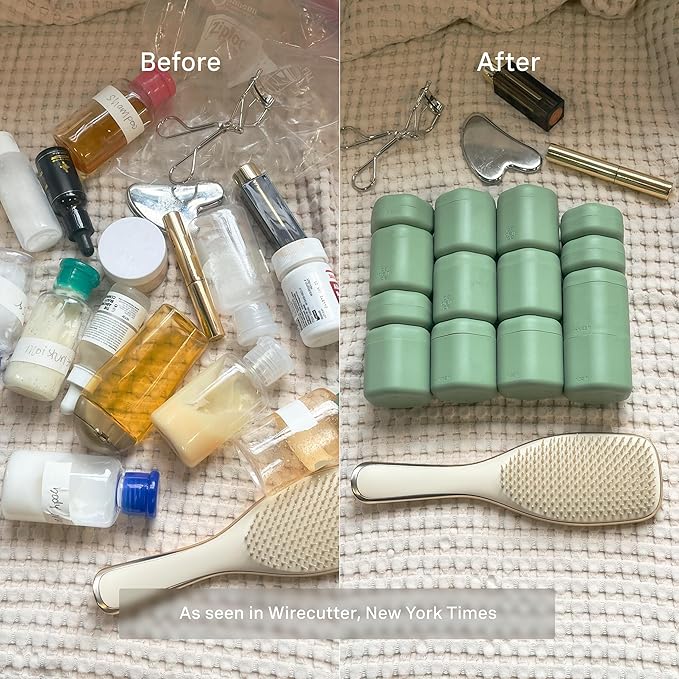 Cadence Travel Containers - Body Care Capsule Set - Magnetic Containers with Lids,Carry On Travel Essentials for Women/Men - 3 Flex Mediums (1.32oz) - Body Wash, Lotion & Sun Icon Labels - Evergreen