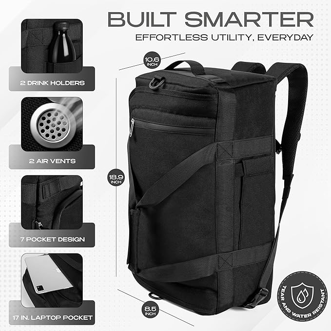 3-in-1 Duffle Bag Backpack for Men & Women –Travel Backpack with Cup Holder, Shoe & Laptop Compartment with Ventilation for Gym, Workout, Weekender, Traveling - 8.5 x 18.9 x 10.6 Inches