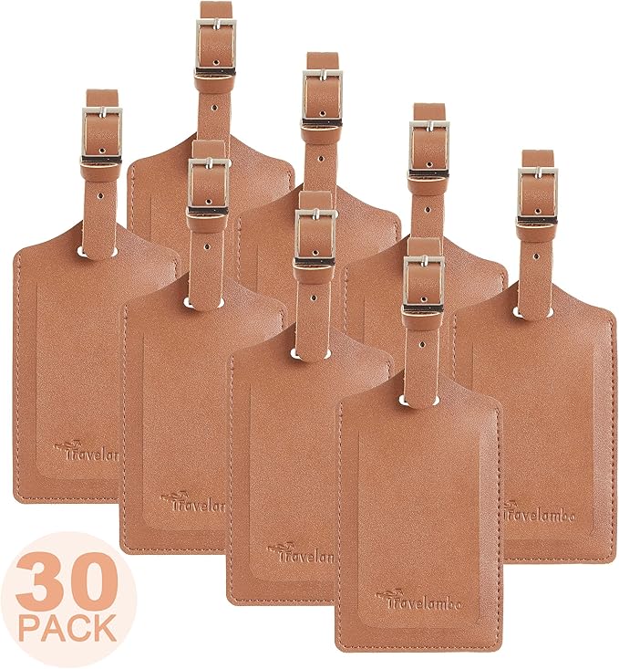 Travelambo 30 Pack Luggage Tags Faux Leather for Suitcases Travel Bag Labels with Protection Cover ID (Yellowish Brown)