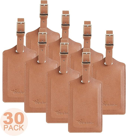 Travelambo 30 Pack Luggage Tags Faux Leather for Suitcases Travel Bag Labels with Protection Cover ID (Yellowish Brown)