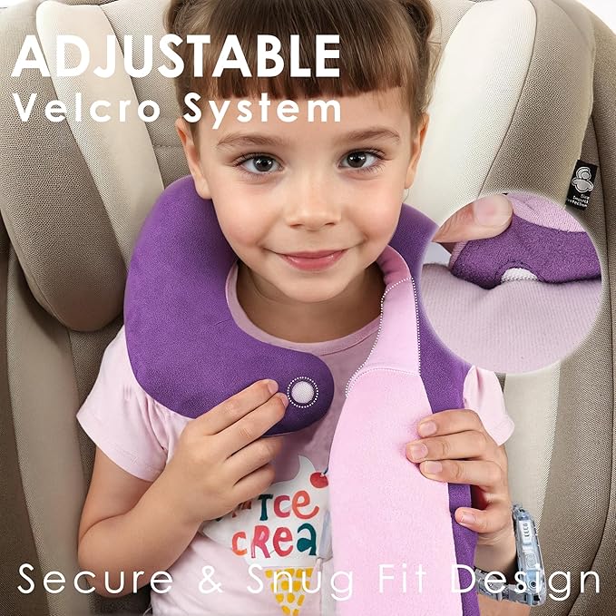 Kids Travel Neck Pillow, Comfortable Head & Chin Support for Car seat & Airplane, Toddler Pillow for Sleeping on Road Trip, Gifts for Child (Deep Purple & Light Purple)
