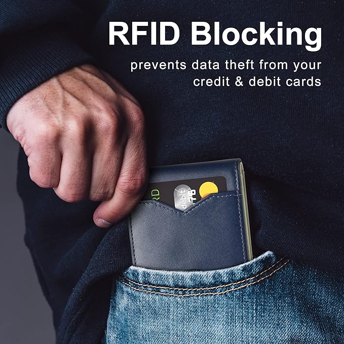 GSOIAX Mens Slim Wallet for Men Minimalist Genuine Leather Carbon Fiber Rfid Blocking Bifold Credit Card Holder With Gift Box (Dark Blue and Beige)