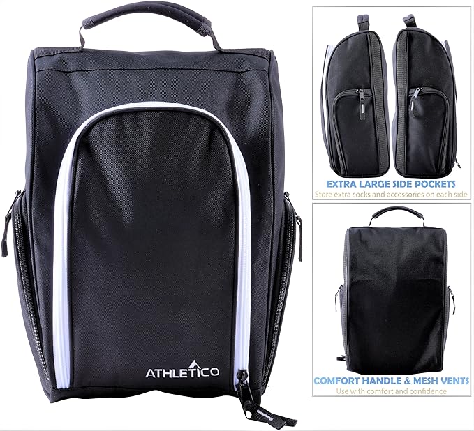 Athletico Golf Shoe Bag - Zippered Shoe Carrier Bags With Ventilation & Outside Pocket for Socks, Tees, etc. Perfect Storage (Black)