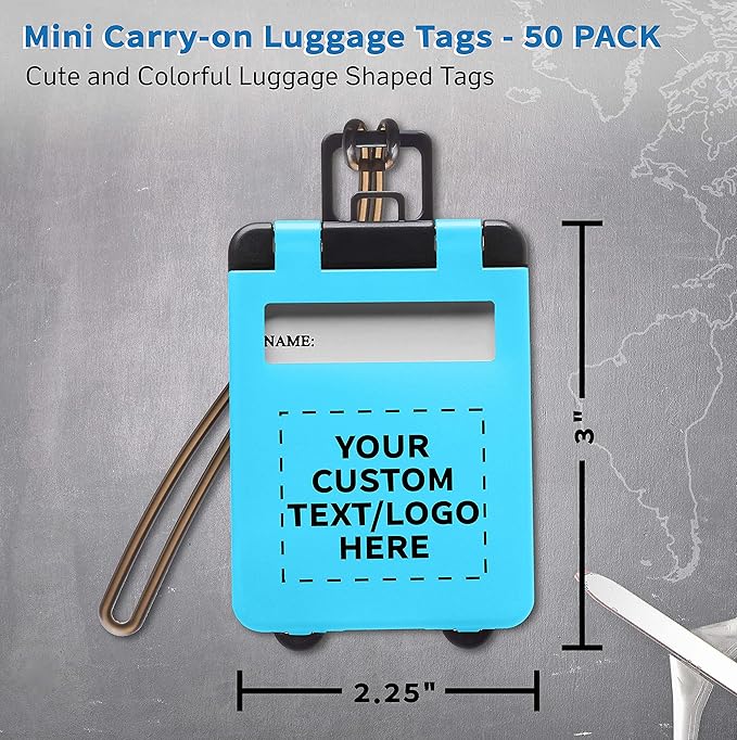50 Mini Carry-on Luggage Tags Pack - Customizable Text, Logo - Flip Open Cover, ID Sticker - Light Blue