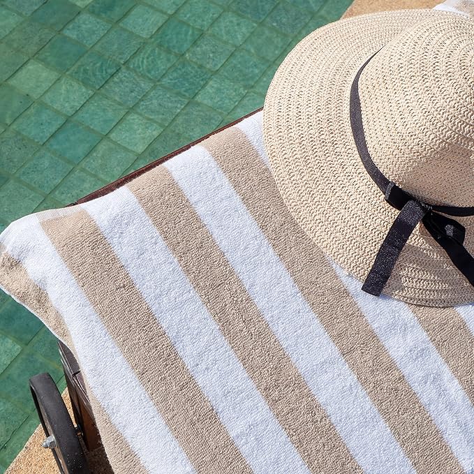 Arkwright California Cabana Stripe Beach Towel Bulk - Case of 24, Large Soft Quick Dry Cotton Terry Towels Set for Pool, Swim, and Hot Tub, Oversized 30 x 70 in, Beige