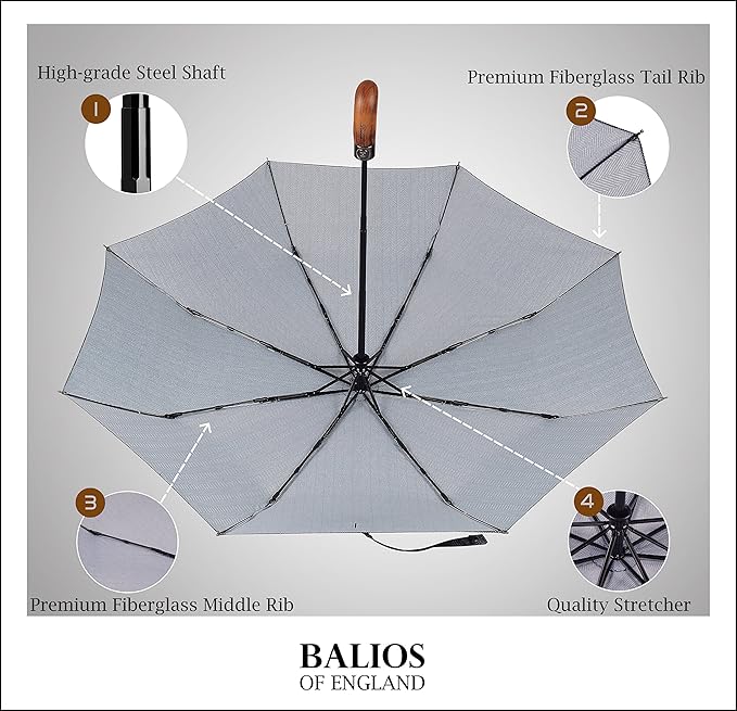 Balios Prestige Travel Folding Umbrella, Handmade Wood Handle, Auto Open & Close