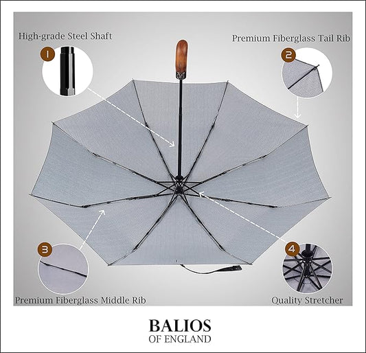 Balios Prestige Travel Folding Umbrella, Handmade Wood Handle, Auto Open & Close