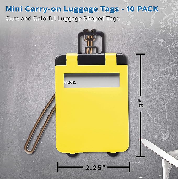 10 Mini Carry-on Luggage Tags Pack - Flip Open Cover, ID Sticker - Yellow