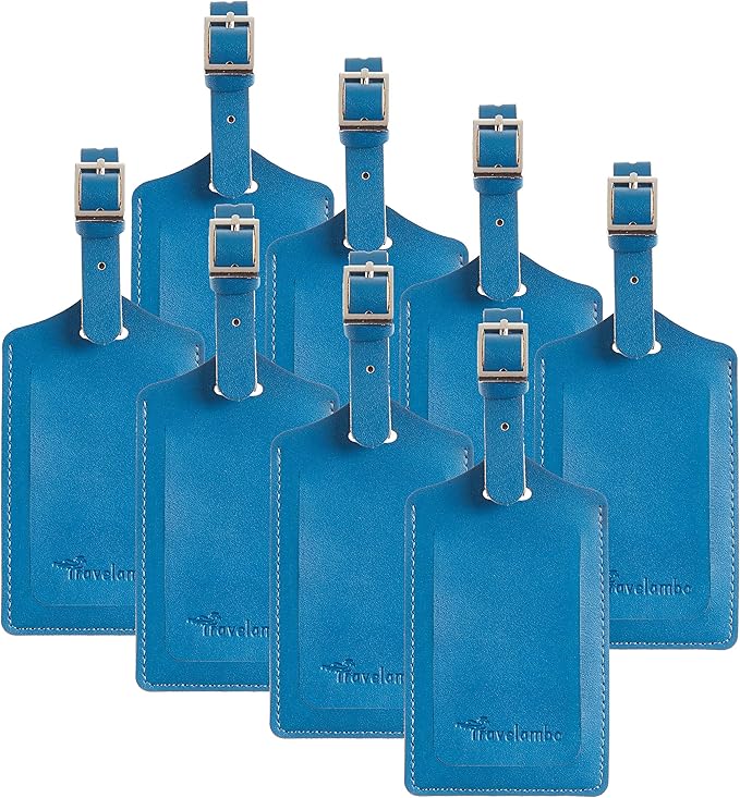 Travelambo 8 Pack Luggage Tags Faux Leather for Suitcases Travel Bag Labels Travel Accessories Essential with Protection Cover ID (Blue)