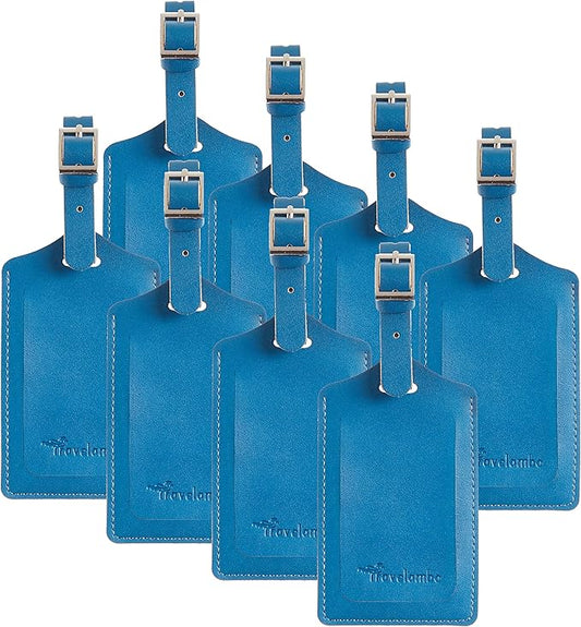 Travelambo 8 Pack Luggage Tags Faux Leather for Suitcases Travel Bag Labels Travel Accessories Essential with Protection Cover ID (Blue)