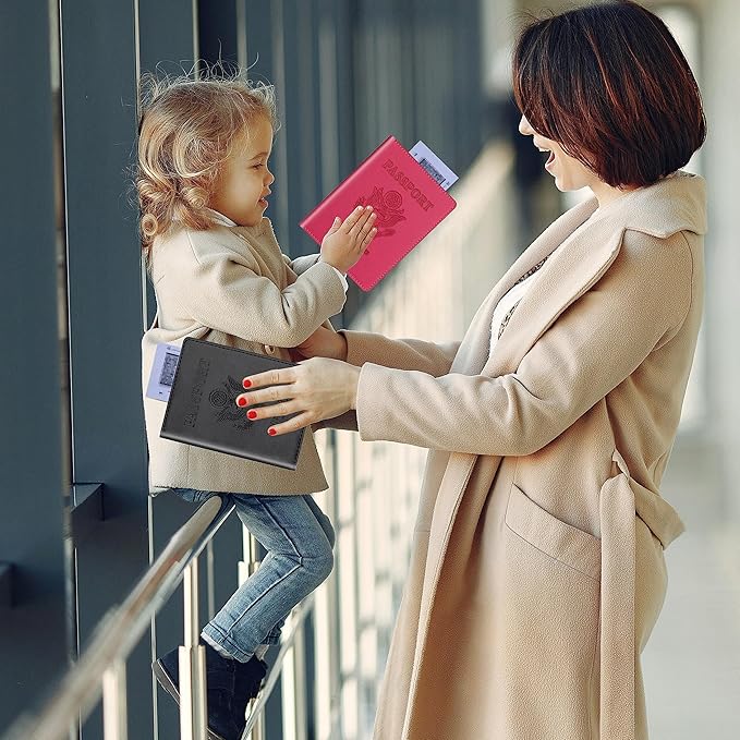 Passport Holder 2Pcs, Passport Cover Wallet Case for Women Men Family, Passports Book Holders Travel Must Haves Cruise Ship Essentials (Black & Rose Red)