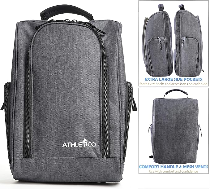 Athletico Golf Shoe Bag - Zippered Shoe Carrier Bags With Ventilation & Outside Pocket for Socks, Tees, etc. (Gray)
