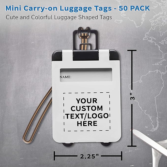 50 Mini Carry-on Luggage Tags Pack - Customizable Text, Logo - Flip Open Cover, ID Sticker - White