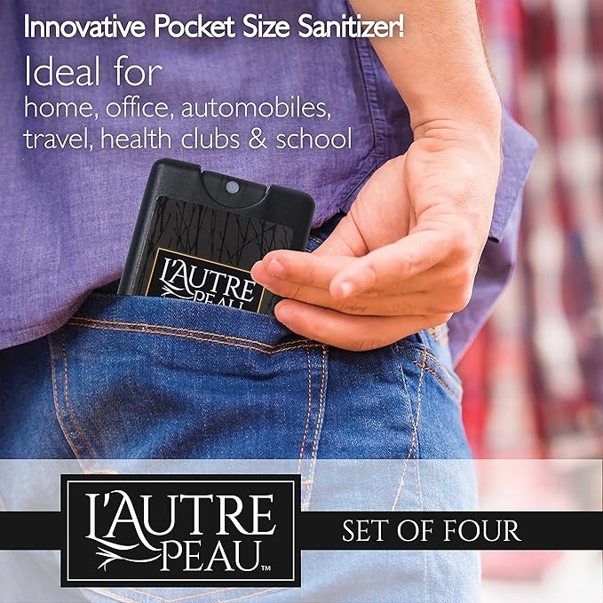 Antibacterial Travel Hand Sanitizer Spray with Aloe Vera by L’AUTRE PEAU - Unique Flat Credit Card Shape - Citrus Scented Mini Pocket Size (4 Pack - 20ML, Frost,Black,Red,Blue)