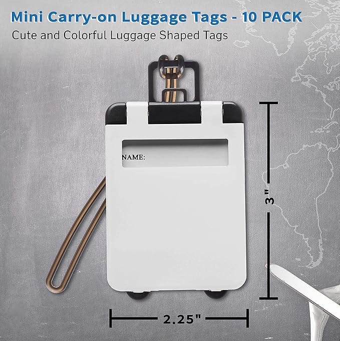 10 Mini Carry-on Luggage Tags Pack - Flip Open Cover, ID Sticker - White