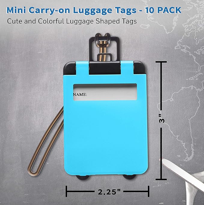 10 Mini Carry-on Luggage Tags Pack - Flip Open Cover, ID Sticker - Light Blue