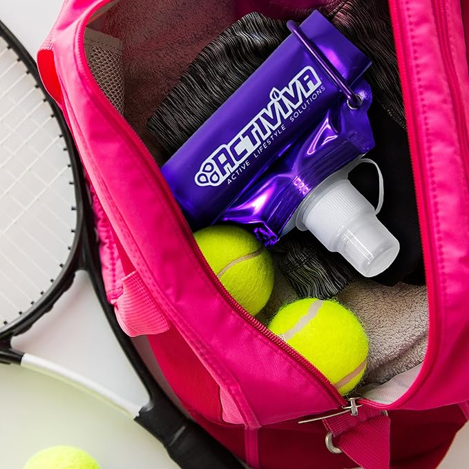 USA Merchant | Collapsible Reusable Water Bottle with Carabiner Clip Light Weight Leak Proof Foldable Drinking Water Bottle Non Toxic BPA Free - 16.9 oz 4 Pack (Pink, Purple, Red, Clear)