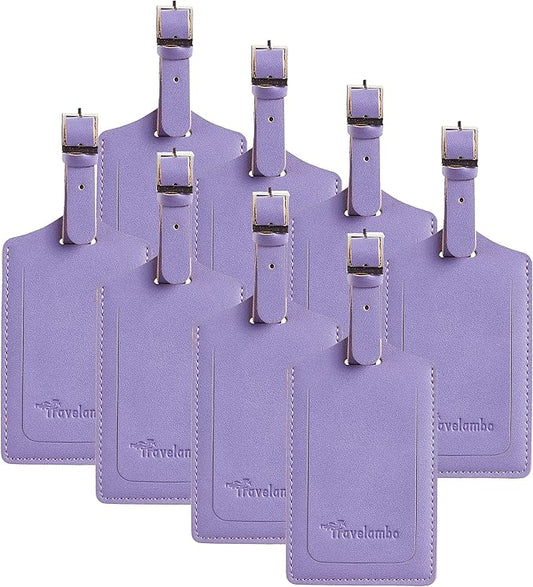 Travelambo 8 Pack Luggage Tags Faux Leather for Suitcases Travel Bag Labels Travel Accessories Essential with Protection Cover ID (Purple)