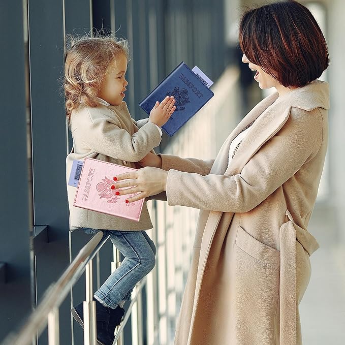 Herain Passport Holder 2Pcs, Passport Cover Wallet Case for Women Men Family, Passports Book Holders Travel Must Haves Cruise Ship Essentials (Dark Blue & Rose Gold)