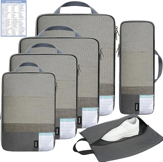 BAGAIL 6 Set/4 Set Lightweight Compression Packing Cubes with Packing List, Anti-Tearing Expandable Organizer Bags for Travel