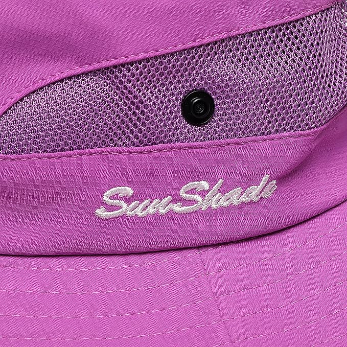 Womens Summer Sun Hat Beach Hat Wide Brim Outdoor UV Protection Hat Foldable Cool Mesh Ponytail Bucket Hat