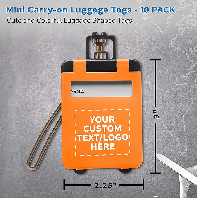 10 Mini Carry-on Luggage Tags Pack - Customizable Text, Logo - Flip Open Cover, ID Sticker - Orange