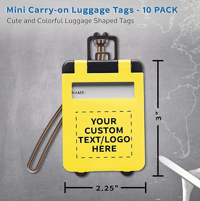 10 Mini Carry-on Luggage Tags Pack - Customizable Text, Logo - Flip Open Cover, ID Sticker - Yellow